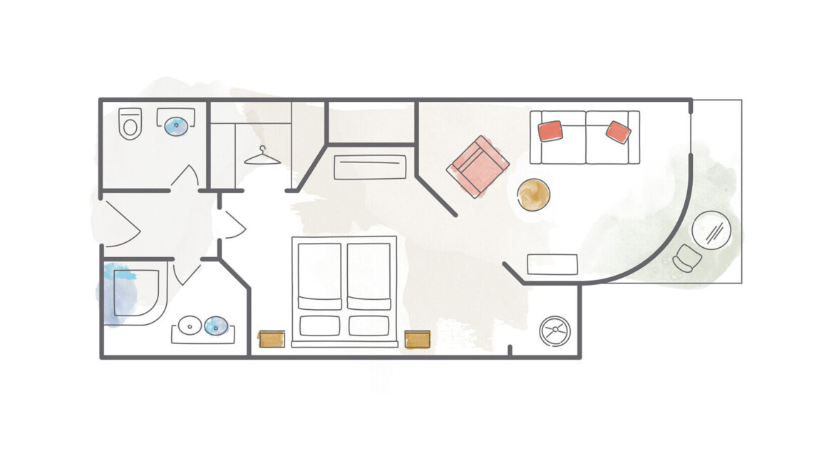 Floor plan of a suite with a living area, bedroom, and bathroom, designed for comfort and functionality.