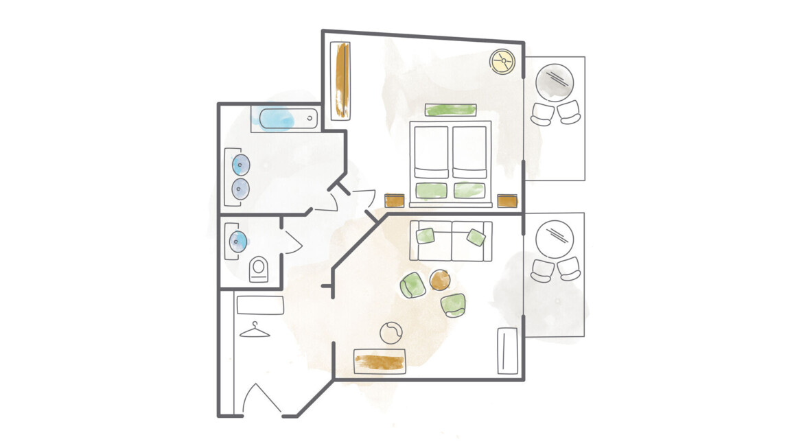 Illustrated floor plan of a hotel room at Waldhof Fuschlsee Resort, featuring a bedroom, bathroom, and sitting area.
