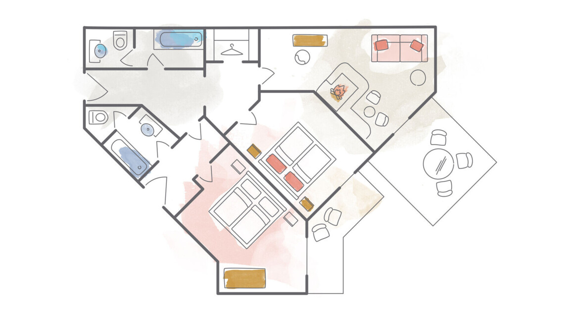 Floor plan of a spacious apartment with two bedrooms, two bathrooms, living room, and dining area at Waldhof Fuschlsee resort.