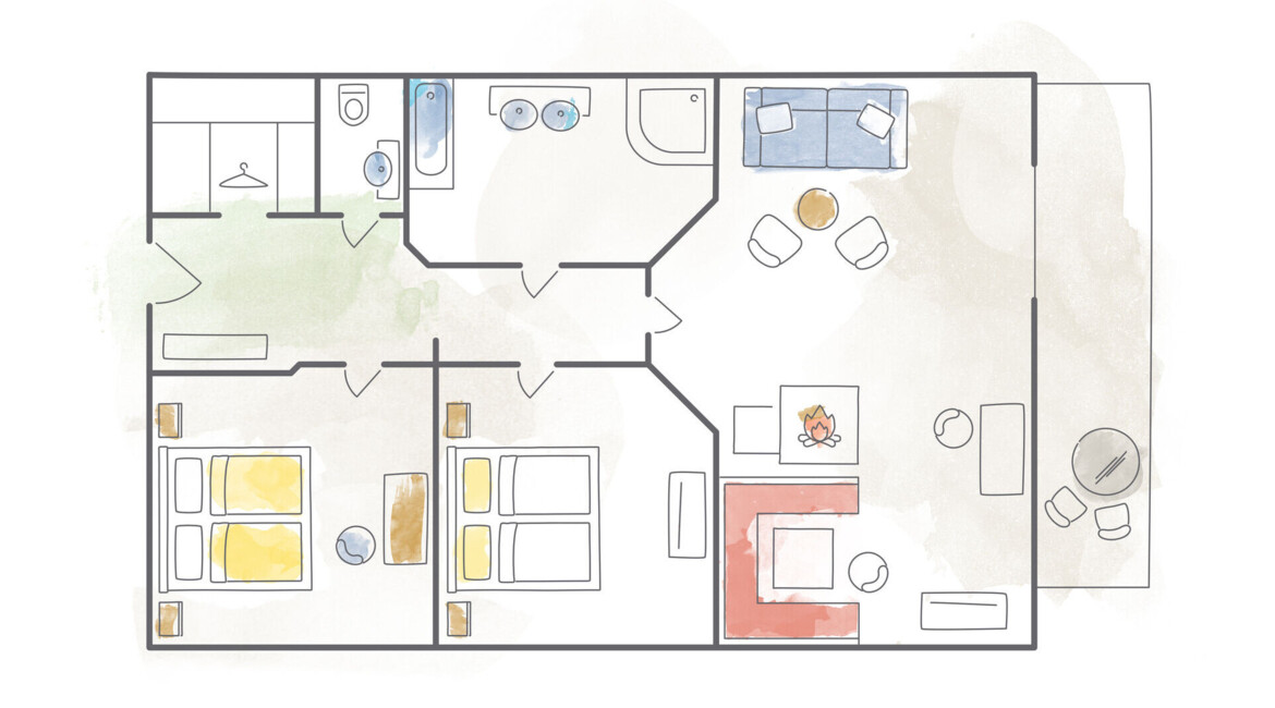 Illustrated floor plan of a two-bedroom layout with a living area, kitchen, and bathroom.