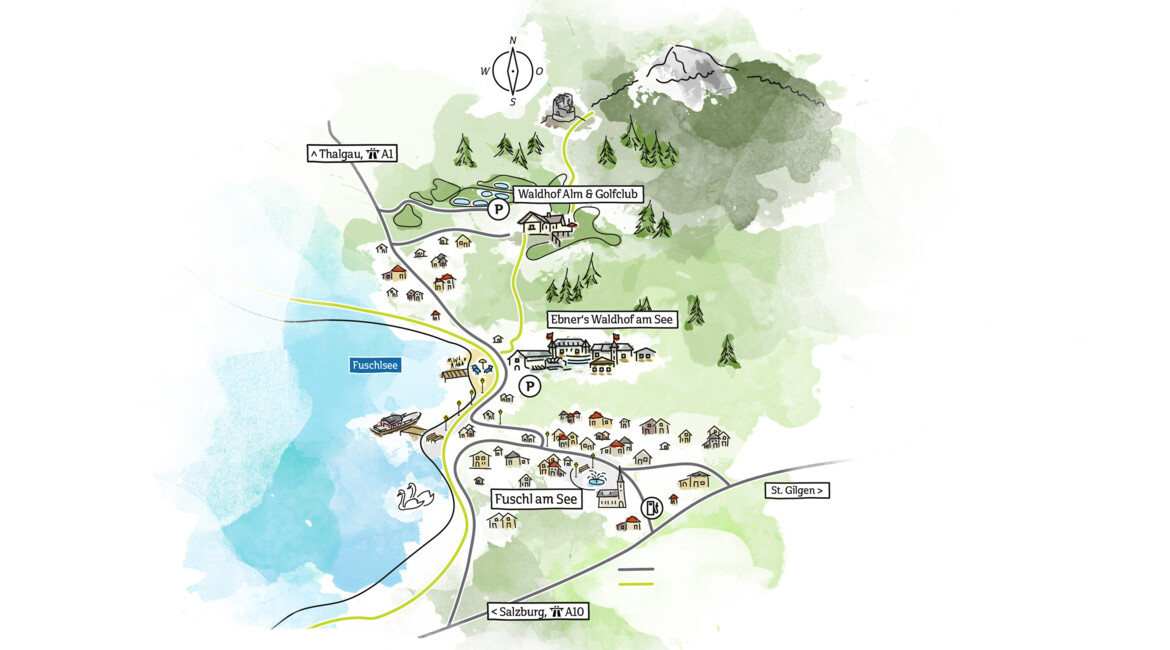 Illustrated map showing locations around Fuschlsee, including Waldhof Fuschlsee Resort. Paths, roads, and landmarks are depicted.
