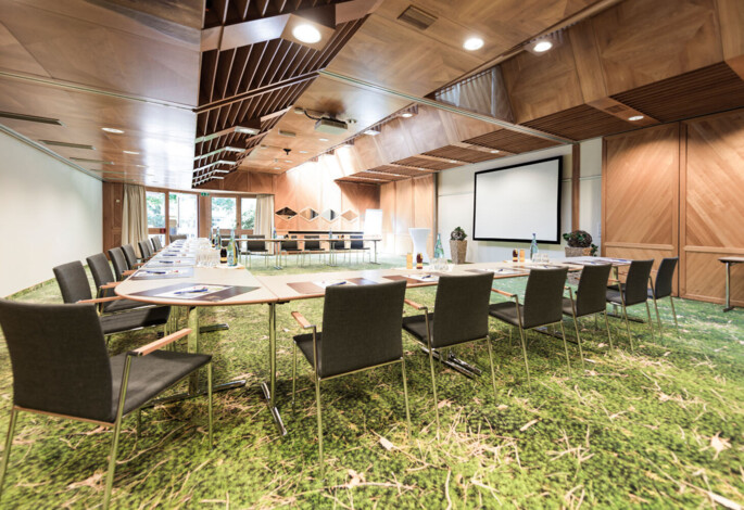 Modern conference room with wooden decor, green carpet, U-shaped table setup, and large screen. Bright natural light enhances the lush, scenic ambiance.