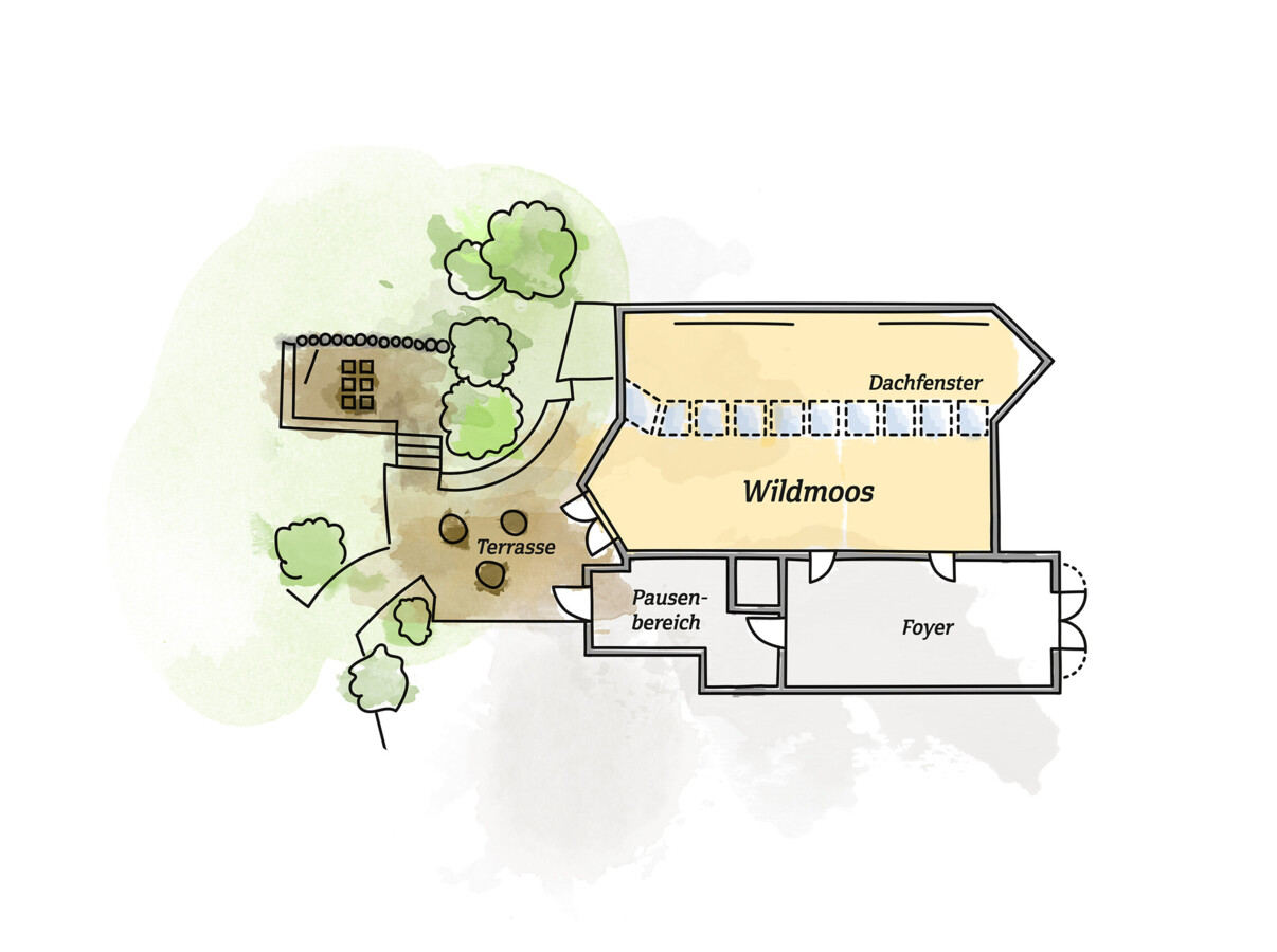 Floor plan of a space labeled "Wildmoos" with terrace, pause area, and foyer, surrounded by greenery.