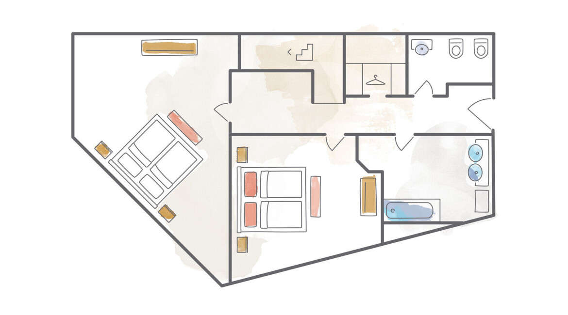 Grundriss einer Suite mit Schlafzimmer, Wohnzimmer, Bad und WC.