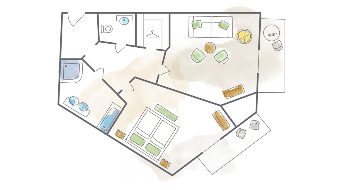 Illustrated floor plan showing a cozy room layout with living, sleeping, and bathroom areas, featuring furniture arrangement.