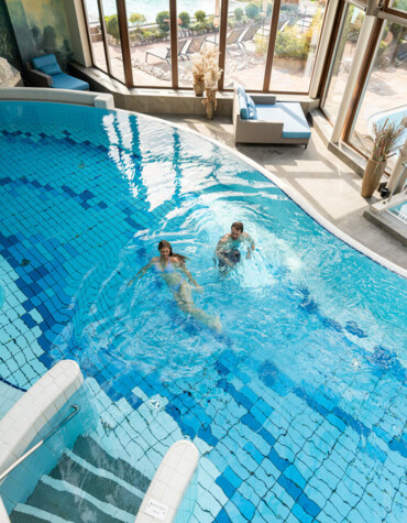 Indoor pool area with two people swimming, surrounded by large windows offering natural light and a view of the outdoors.