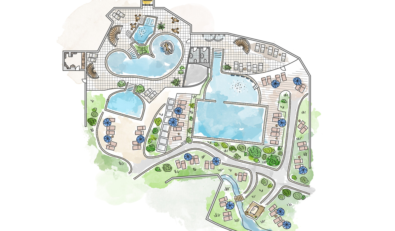 Map of the Waldhof Fuschlsee Resort showing pools, seating areas, paths, and greenery.