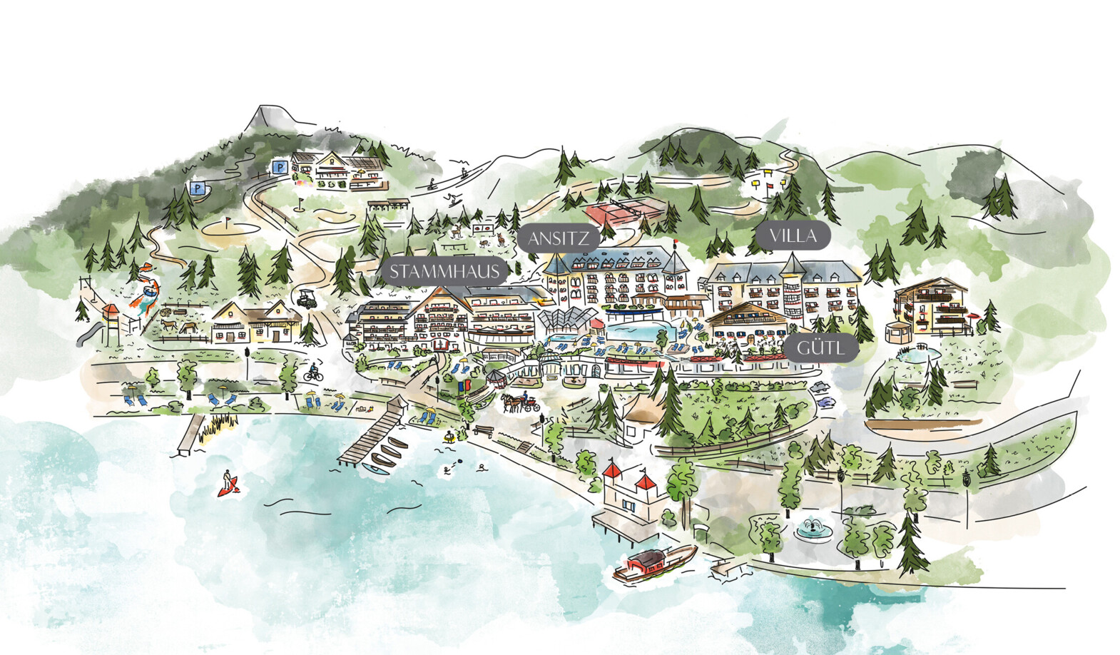 Illustrated map of Waldhof Fuschlsee Resort, showing various buildings, pathways, and a lake, set in a mountainous area with trees.