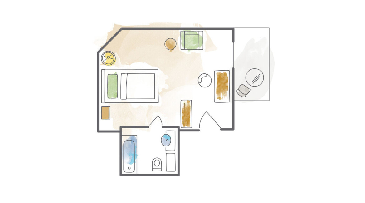 Floor plan of a hotel room at Waldhof Fuschlsee Resort, featuring a bedroom, living area, and bathroom.