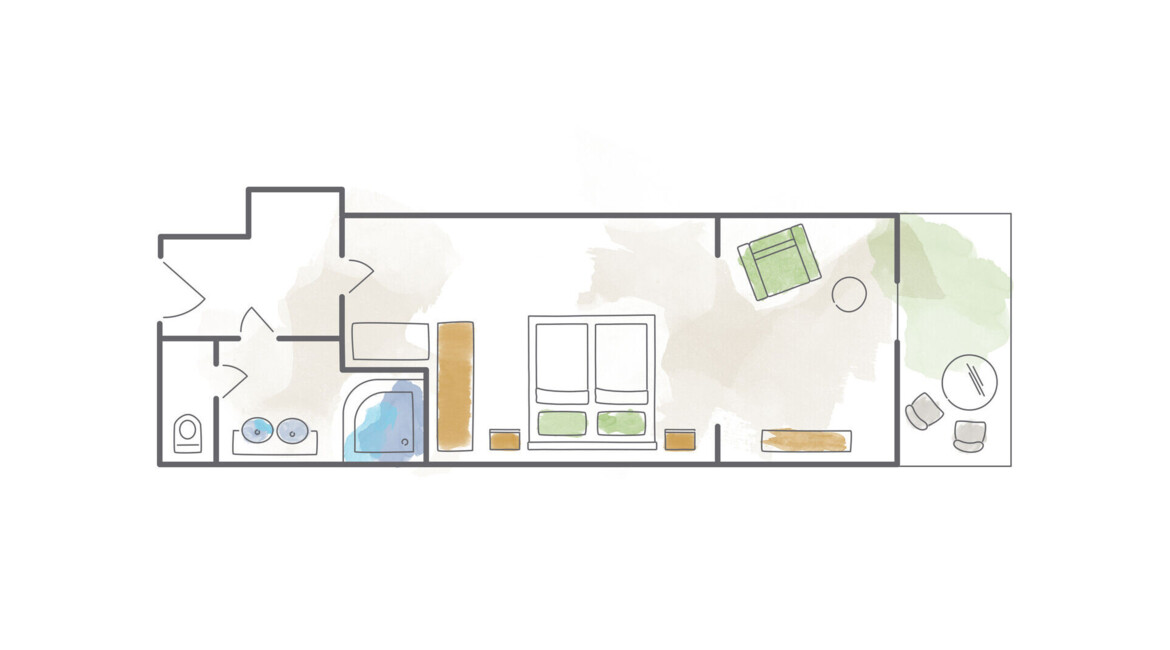 Floor plan of a room layout with bathroom, bed, and seating area, featuring minimalist design elements.