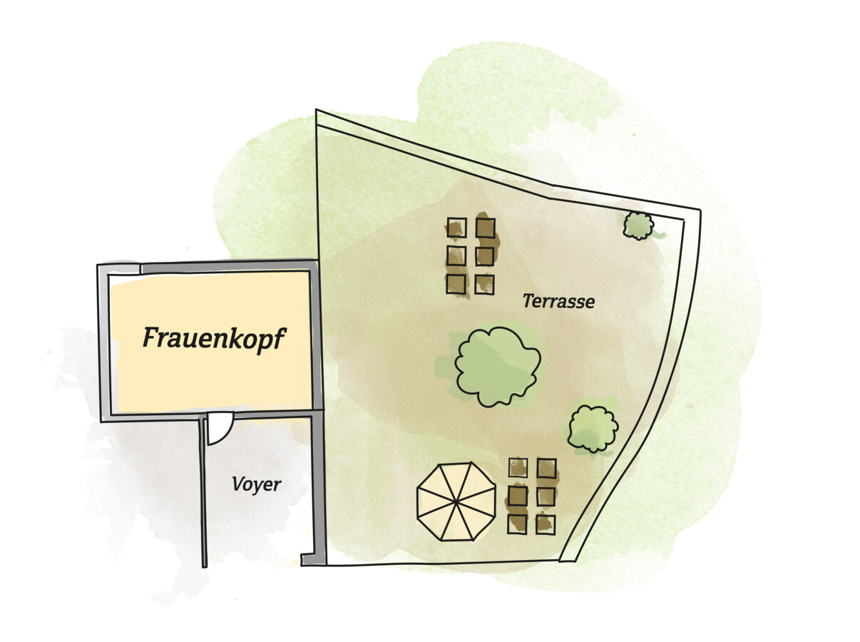 Floor plan of "Frauenkopf" with terrace and garden area, featuring trees and seating arrangements.