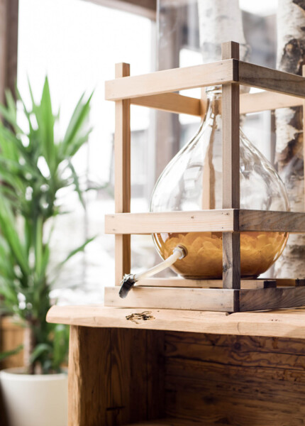 A glass vessel in a wooden frame on a rustic table, surrounded by birch trees and a green plant, in a bright, natural setting.