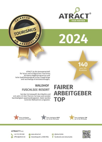 Fairness-Auszeichnung 2024 für Waldhof Fuschlsee Resort von ATRACT, mit 140 von 159 Punkten, für faire und nachhaltige Arbeitsbedingungen im Tourismus.