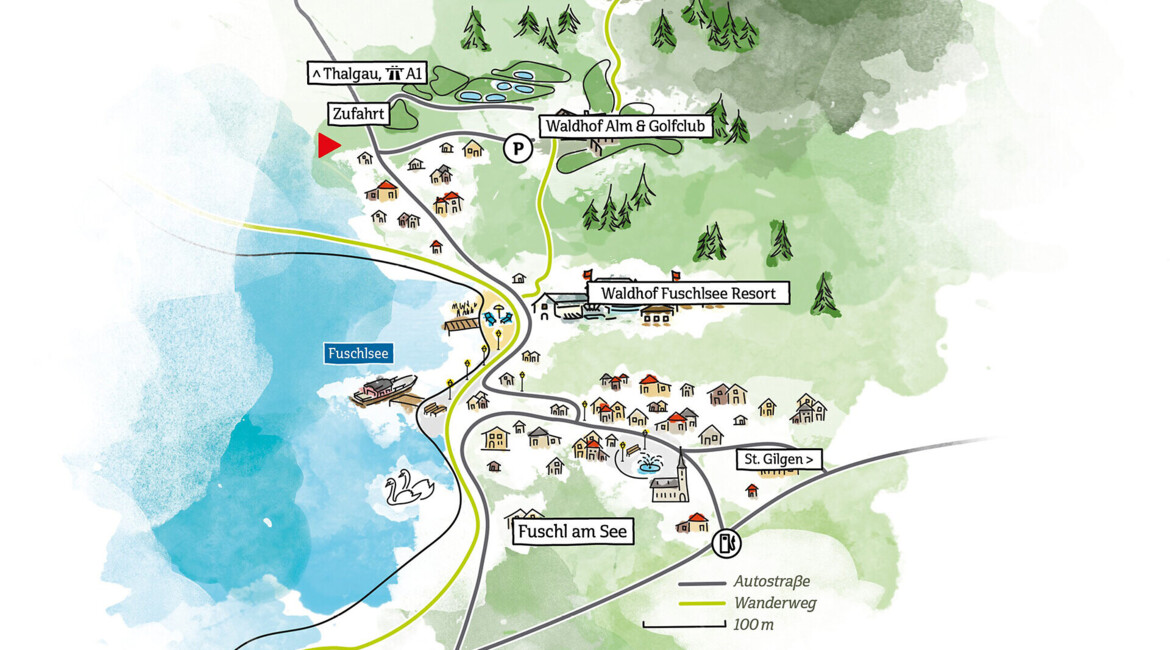 Karte der Umgebung von Fuschlsee, zeigt Waldhof Fuschlsee Resort, Wanderwege, Golfclub und nahegelegene Orte.