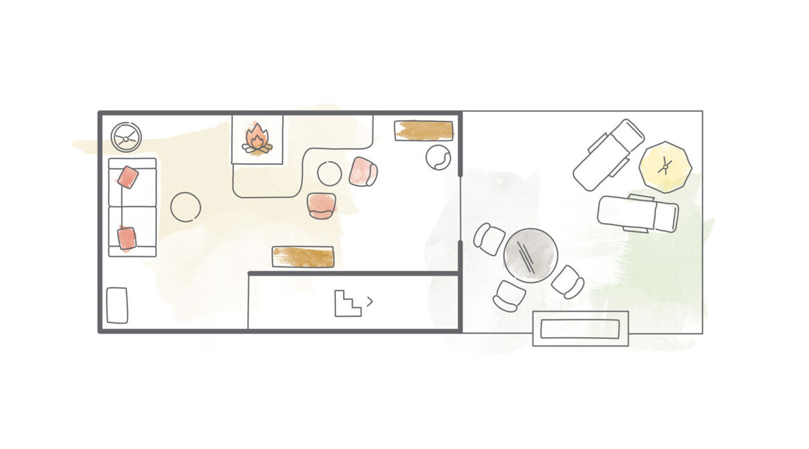 Floor plan illustration of a cozy, organized living space with a fireplace, seating areas, and dining table.
