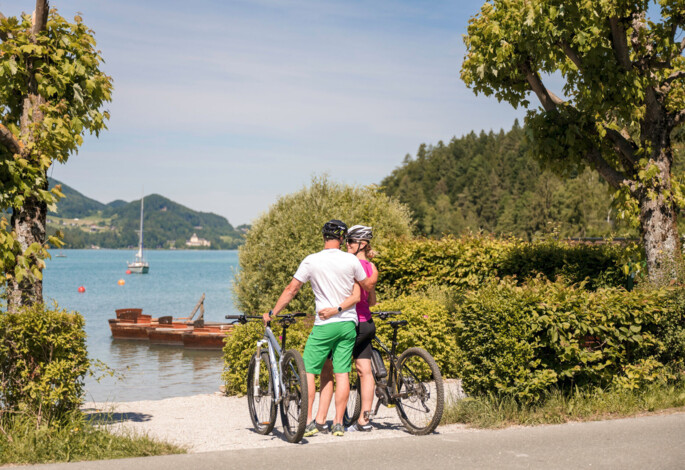 Ein Paar mit Fahrrädern genießt die Aussicht auf den Fuschlsee, umgeben von grüner Landschaft und klarem Himmel.