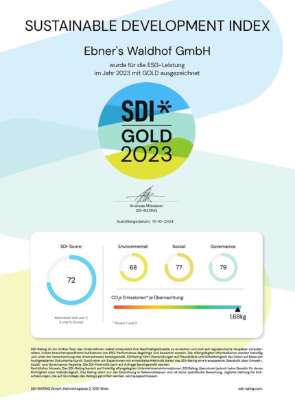Zertifikat für Ebner's Waldhof GmbH, ausgezeichnet mit SDI Gold 2023 für ESG-Leistung. Bewertungsdetails mit Umwelt-, Sozial- und Governance-Score.
