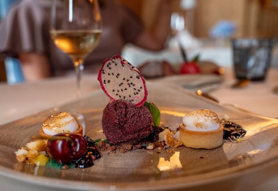 A gourmet dessert platter featuring a dragon fruit slice, berry sorbet, and pastries, elegantly presented with a glass of white wine in the background.