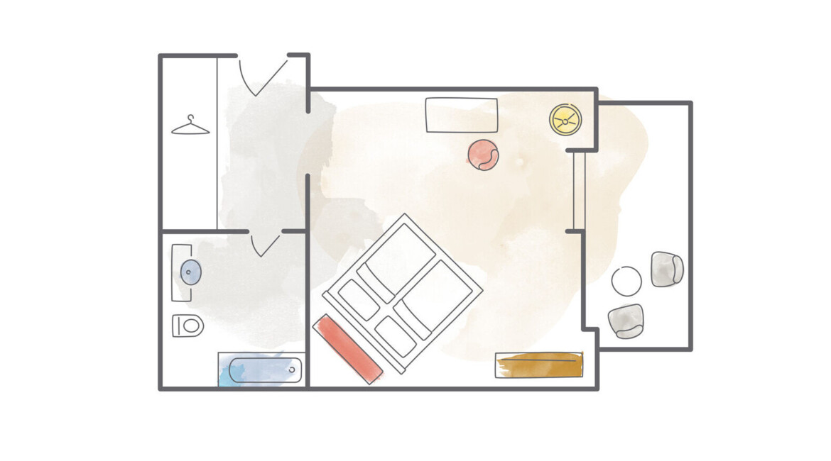 Illustrated floor plan of a room with a bed, bathroom, and seating area.