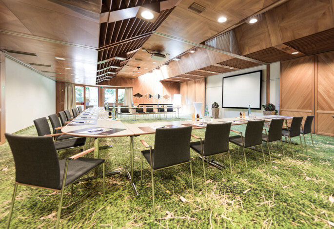 Modern conference room with wooden decor, green carpet, U-shaped table setup, and large screen. Bright natural light enhances the lush, scenic ambiance.