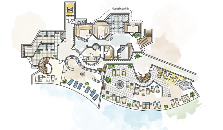 Spa floor plan with various rooms and lounge areas, featuring a circular staircase and sunbeds, highlighting relaxation and comfort.