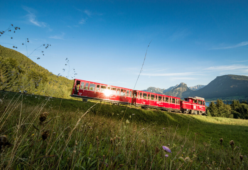 Ein roter Zug, die Schafbergbahn, fährt durch eine malerische Berglandschaft unter blauem Himmel.