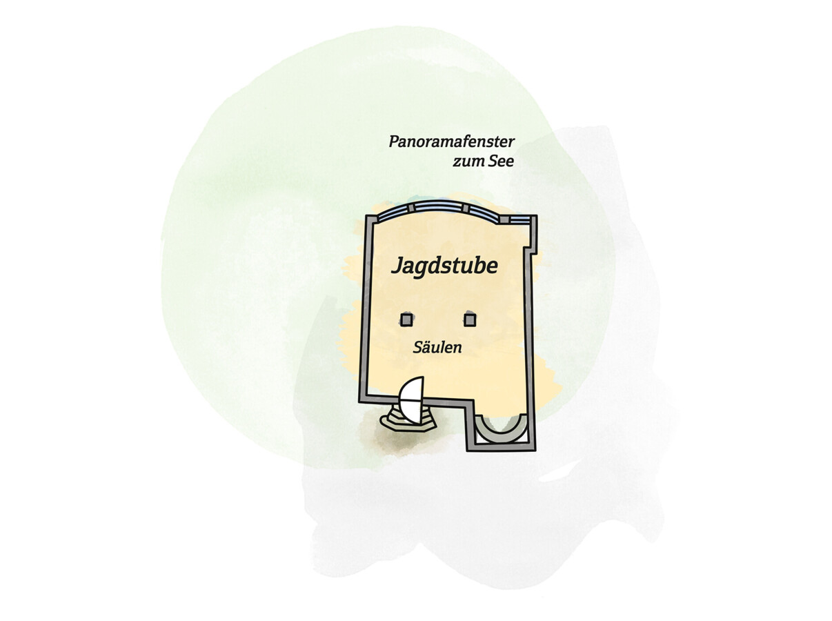 Floor plan of the Jagdstube room with panoramic windows facing the lake.