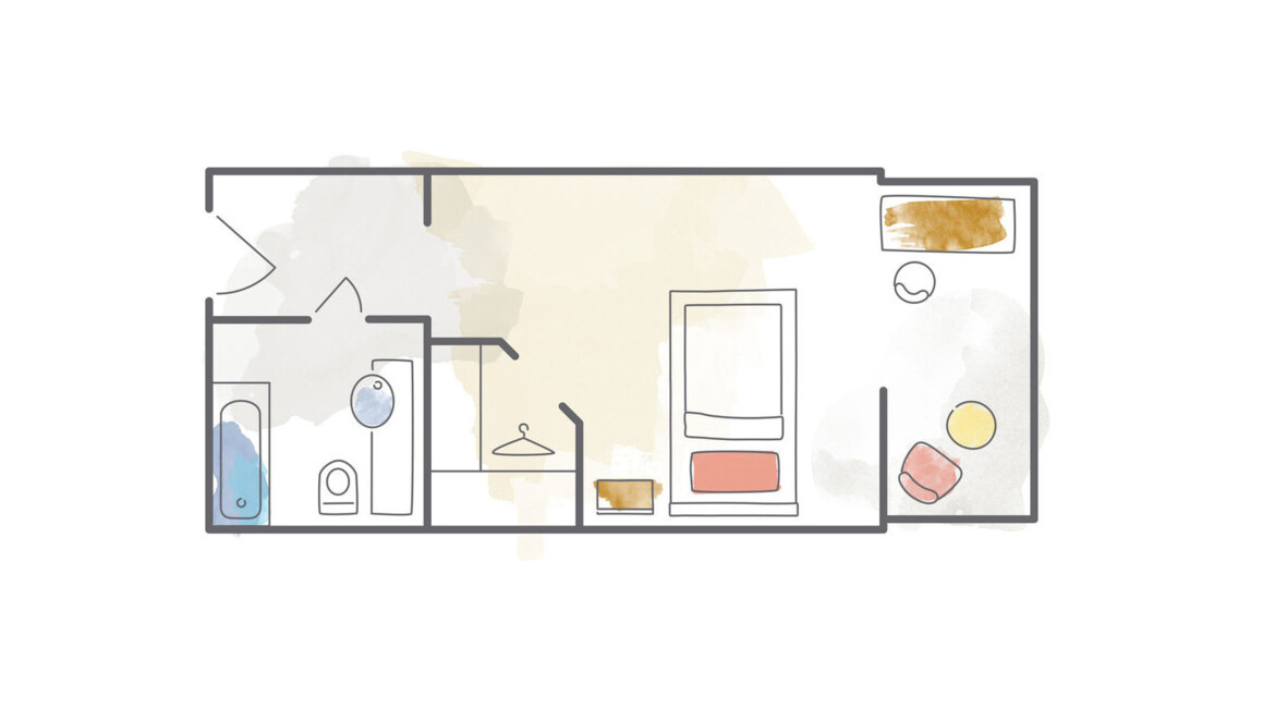 Simple floor plan of a hotel room with a bedroom, bathroom, and seating area.