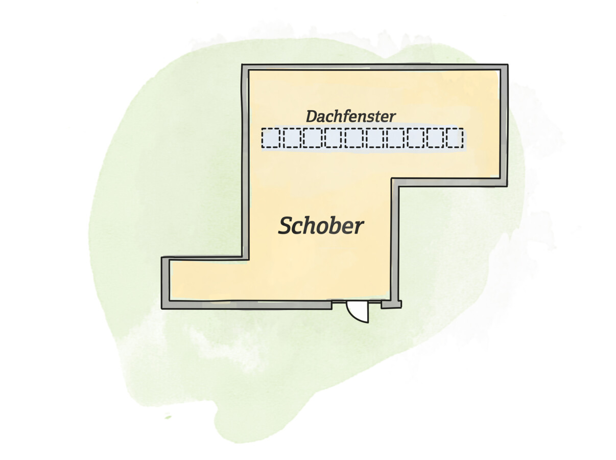 Floor plan of a space labeled "Schober" with roof windows, set against a light green watercolor background.