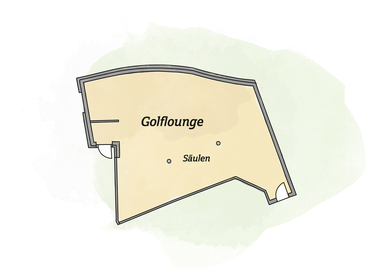 Floor plan of the Golflounge at Waldhof Fuschlsee Resort, showing layout and columns.