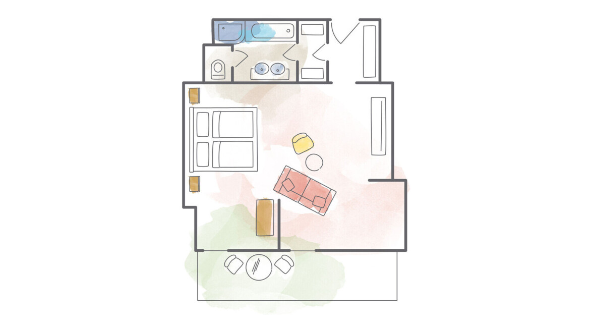 Floor plan of a hotel room with a double bed, seating area, and bathroom, highlighting a comfortable layout.