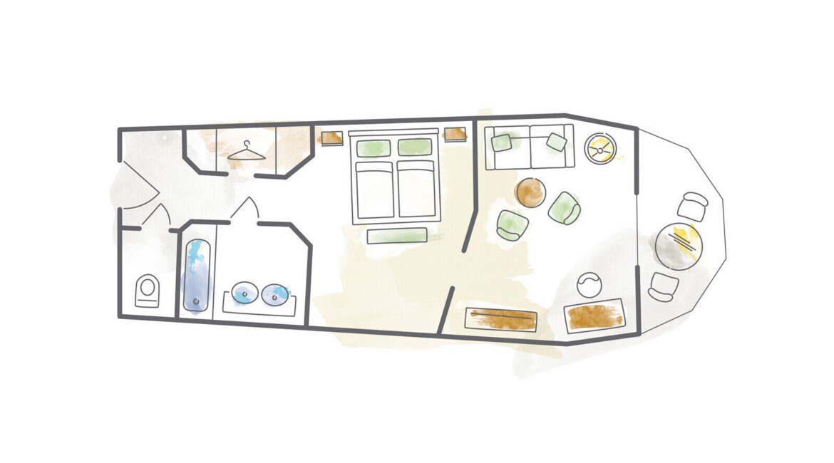 Floor plan of a room with bedroom, bathroom, and living area, featuring seating and a table layout.