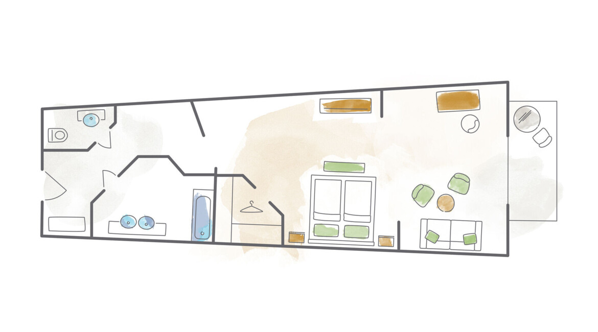 Hand-drawn floor plan with living area, bedroom, bathroom, and balcony, showcasing a cozy layout.