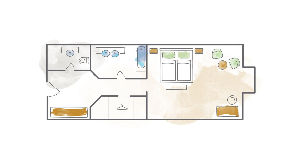 Floor plan of a room featuring a bedroom, bathroom, and living area with seating.