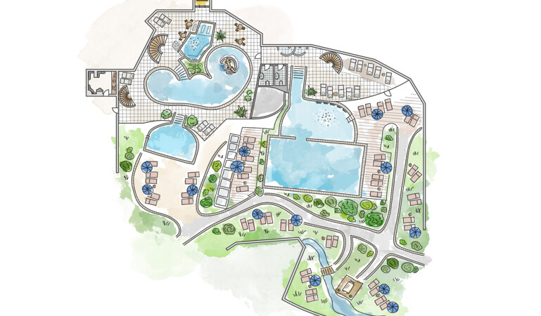 Map of the Waldhof Fuschlsee Resort showing pools, seating areas, paths, and greenery.