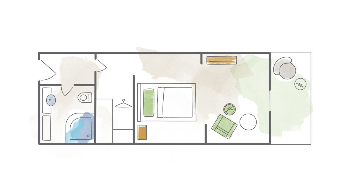 Grundriss eines Hotelzimmers mit Bad, Bett und Sitzbereich, illustriert in sanften Farben.