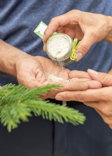 Hands sharing a small jar of powder and a green branch, symbolizing natural wellness at Waldhof Fuschlsee Resort.